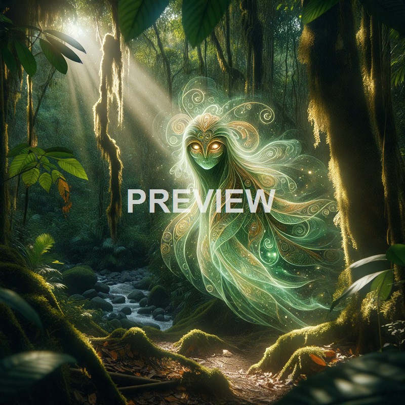 A mystical, glowing forest scene featuring an ethereal, fairy-like creature with luminous eyes and intricate swirling patterns on its body, illuminated by rays of sunlight filtering through dense foliage.